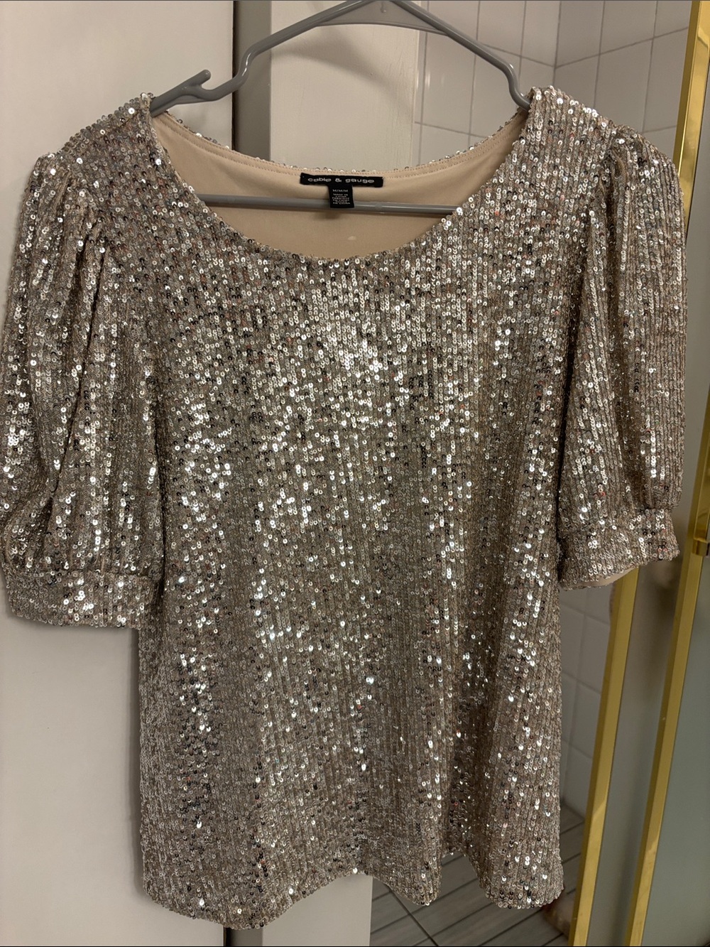 Cable & Gauge gold Sequin Short Puff Sleeve Top